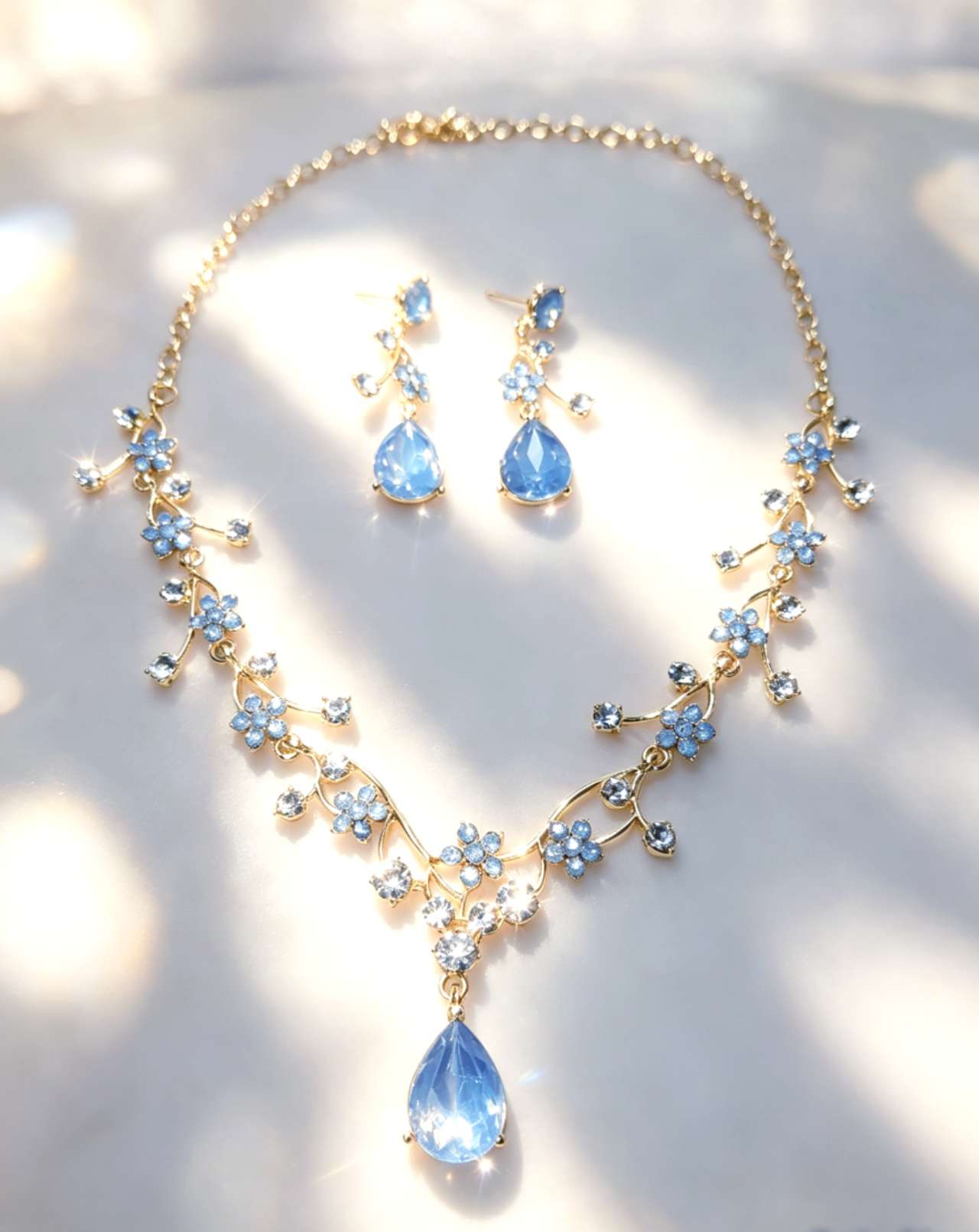 Floral Crystal Jewelry Set: Necklace & Drop Earrings