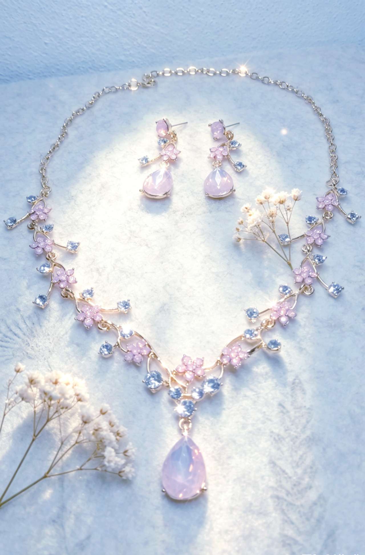 Floral Crystal Jewelry Set: Necklace & Drop Earrings