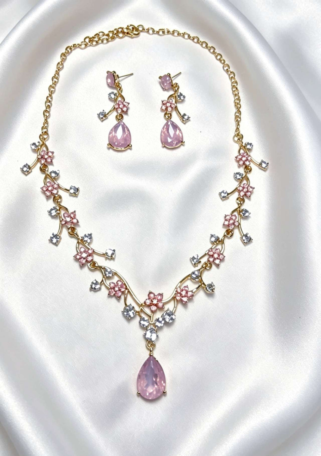 Floral Crystal Jewelry Set: Necklace & Drop Earrings