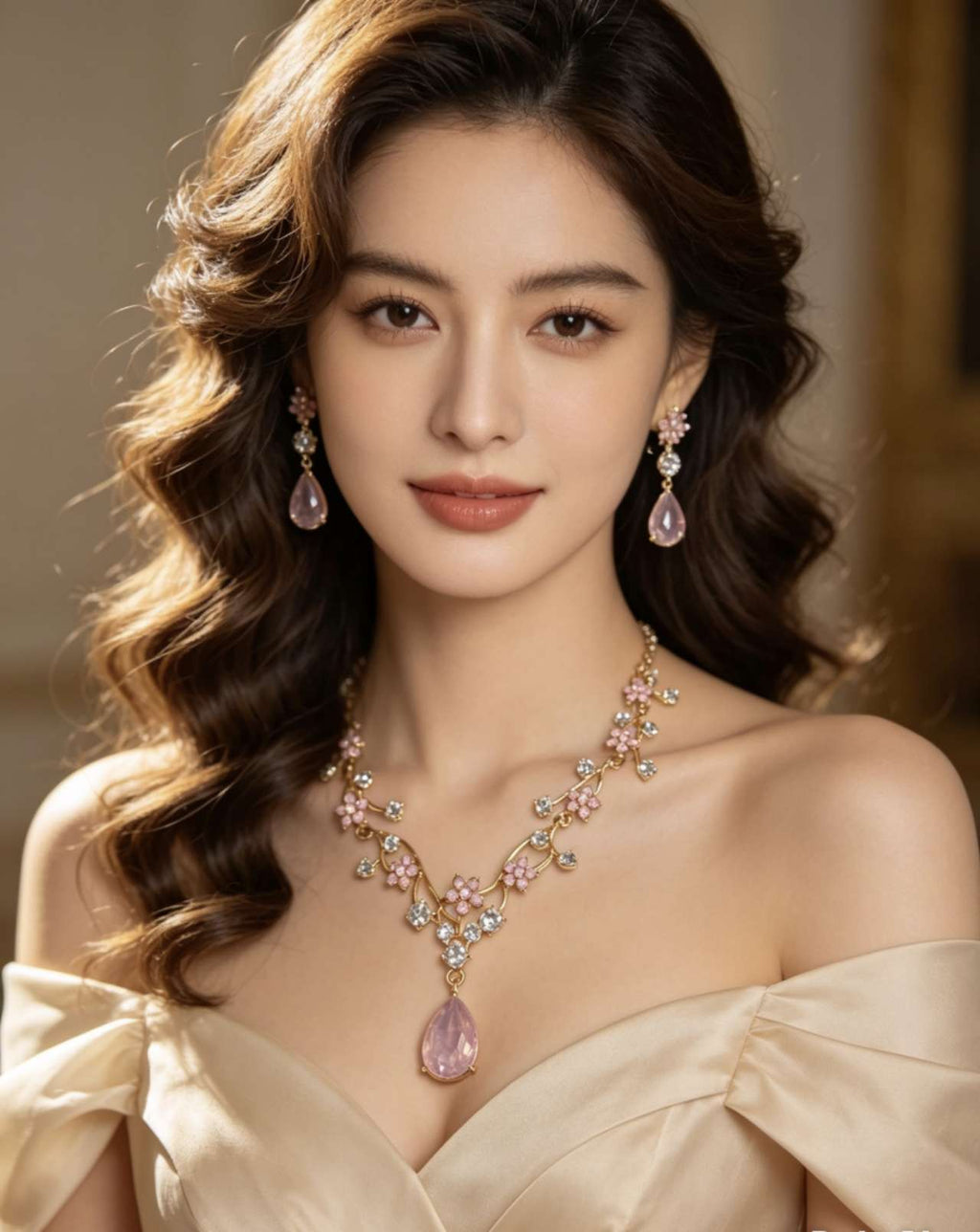 Floral Crystal Jewelry Set: Necklace & Drop Earrings