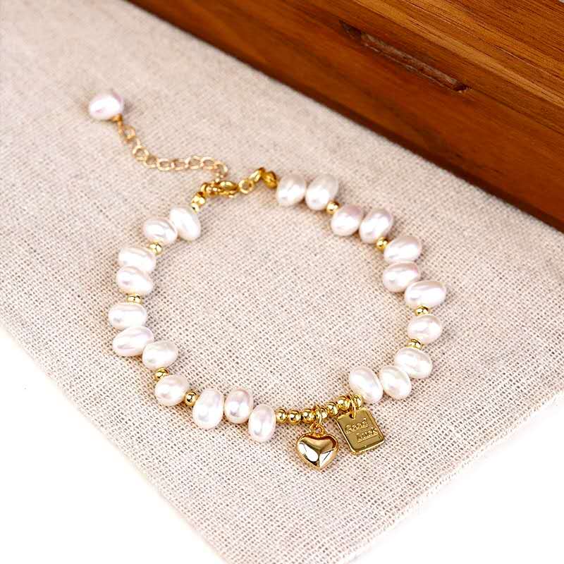 Natural Freshwater Pearl Bracelet, Gold Heart & Good Luck Tag Adjustable Chain Hypoallergenic Women Jewelry Gift