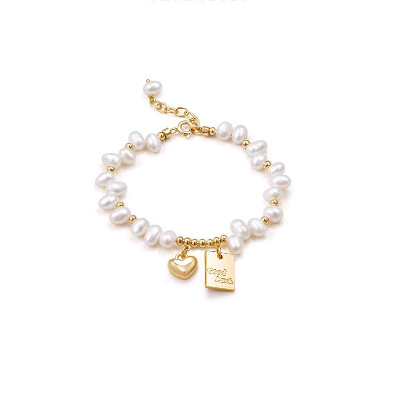 Natural Freshwater Pearl Bracelet, Gold Heart & Good Luck Tag Adjustable Chain Hypoallergenic Women Jewelry Gift