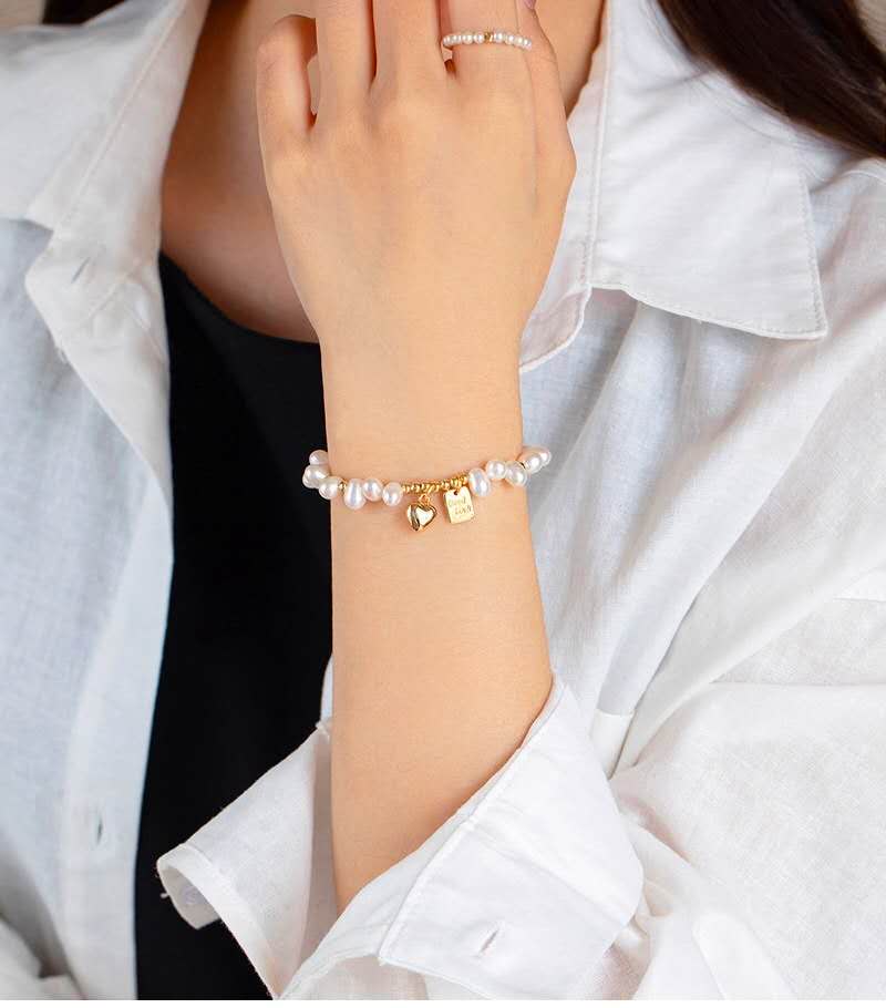 Natural Freshwater Pearl Bracelet, Gold Heart & Good Luck Tag Adjustable Chain Hypoallergenic Women Jewelry Gift