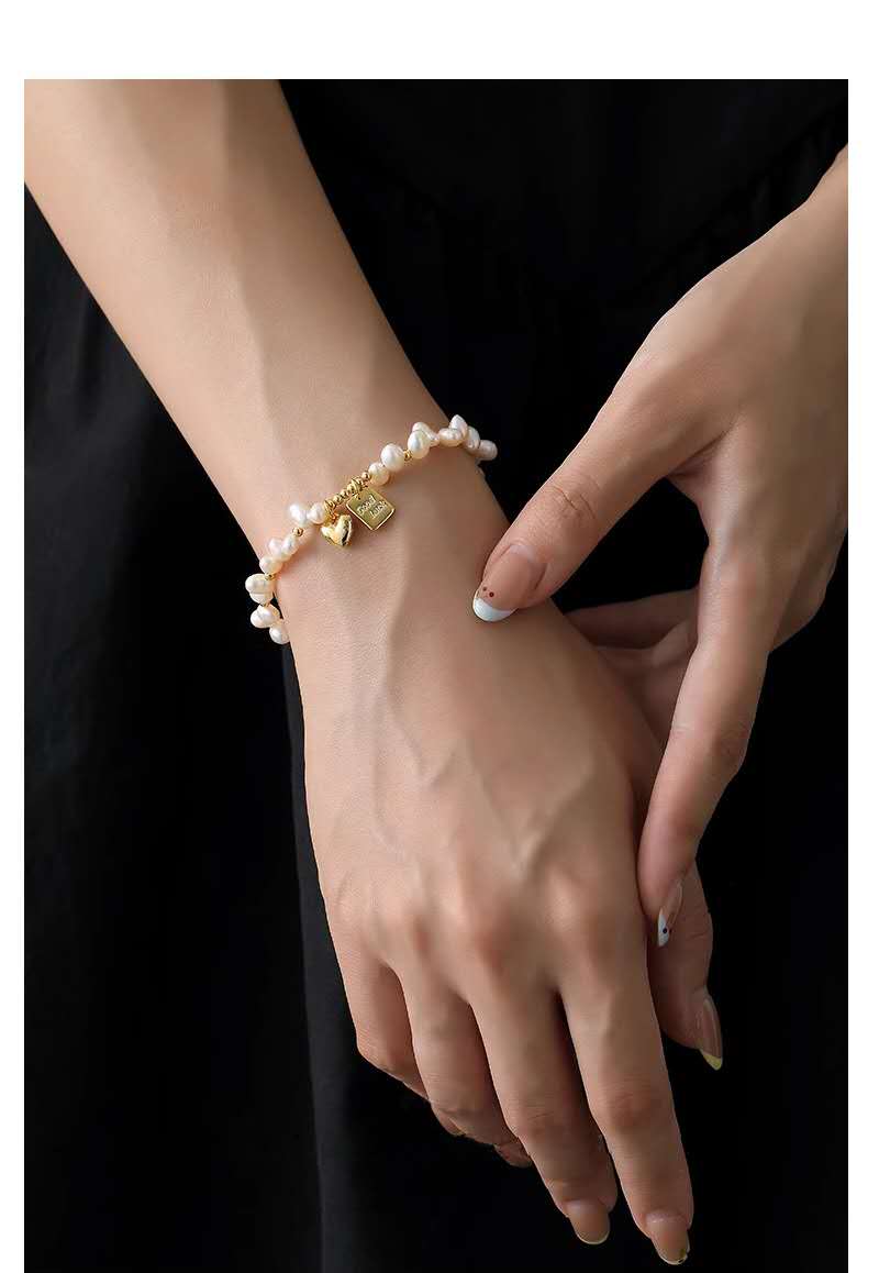 Natural Freshwater Pearl Bracelet, Gold Heart & Good Luck Tag Adjustable Chain Hypoallergenic Women Jewelry Gift