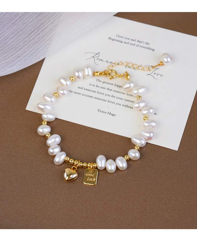 Natural Freshwater Pearl Bracelet, Gold Heart & Good Luck Tag Adjustable Chain Hypoallergenic Women Jewelry Gift
