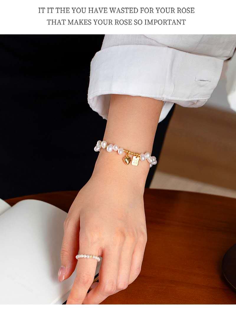 Natural Freshwater Pearl Bracelet, Gold Heart & Good Luck Tag Adjustable Chain Hypoallergenic Women Jewelry Gift