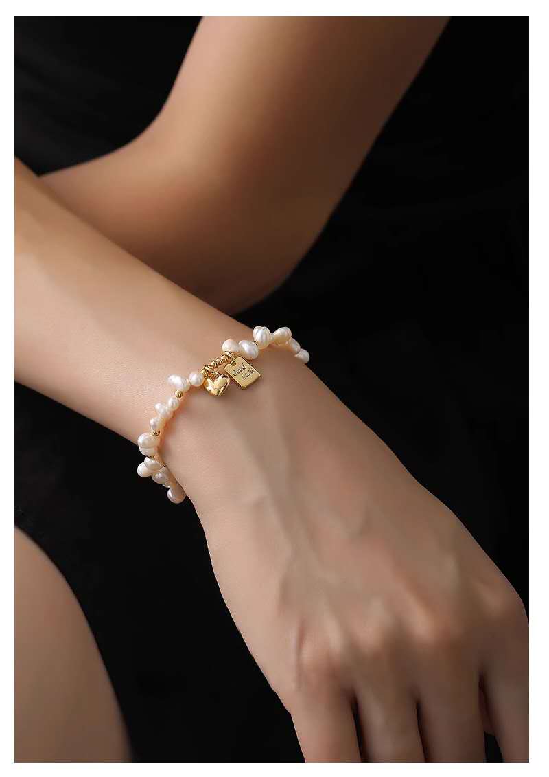 Natural Freshwater Pearl Bracelet, Gold Heart & Good Luck Tag Adjustable Chain Hypoallergenic Women Jewelry Gift