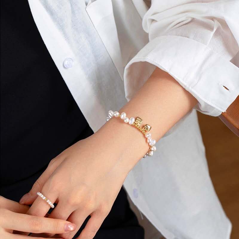 Natural Freshwater Pearl Bracelet, Gold Heart & Good Luck Tag Adjustable Chain Hypoallergenic Women Jewelry Gift