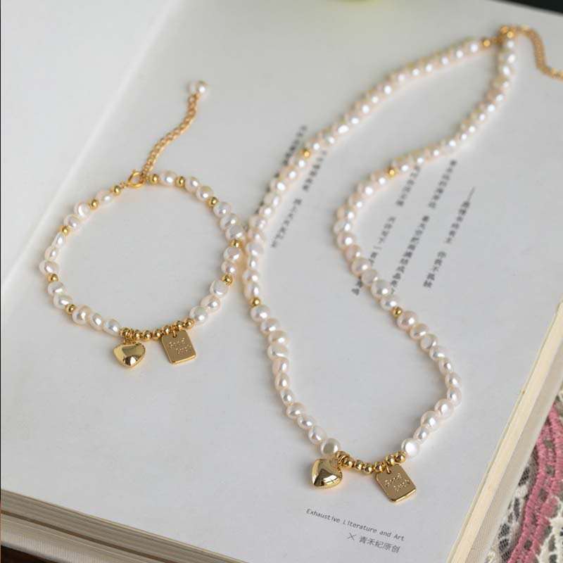 Natural Freshwater Pearl Choker Necklace, Heart & Good Luck Gold Tag Adjustable Hypoallergenic Women Jewelry Gift