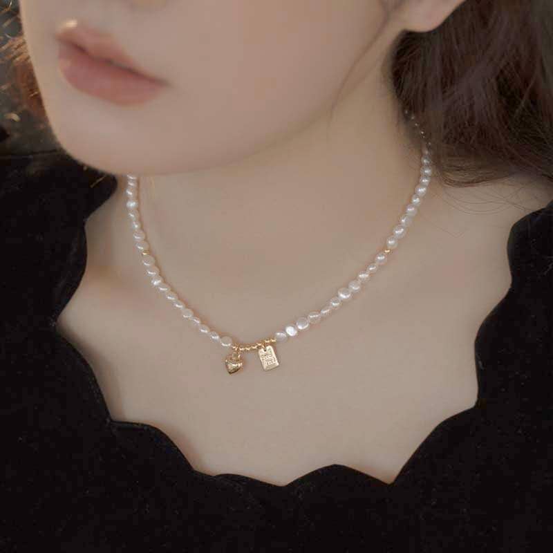 Natural Freshwater Pearl Choker Necklace, Heart & Good Luck Gold Tag Adjustable Hypoallergenic Women Jewelry Gift