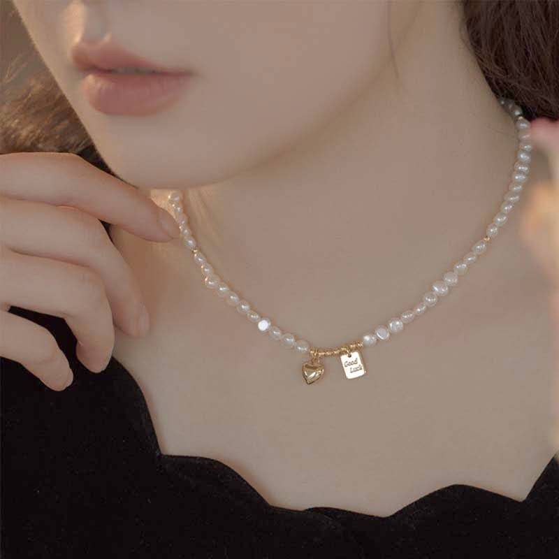 Natural Freshwater Pearl Choker Necklace, Heart & Good Luck Gold Tag Adjustable Hypoallergenic Women Jewelry Gift