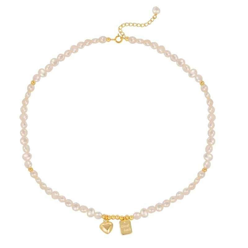 Natural Freshwater Pearl Choker Necklace, Heart & Good Luck Gold Tag Adjustable Hypoallergenic Women Jewelry Gift