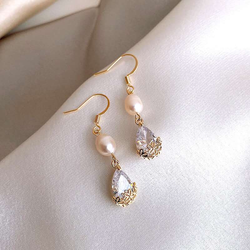 Natural Freshwater Pearl & Teardrop Zircon Drop Earrings, Gold Filigree Hypoallergenic Dangle Wedding Earrings for Women