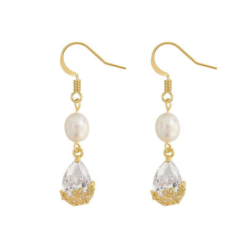 Natural Freshwater Pearl & Teardrop Zircon Drop Earrings, Gold Filigree Hypoallergenic Dangle Wedding Earrings for Women