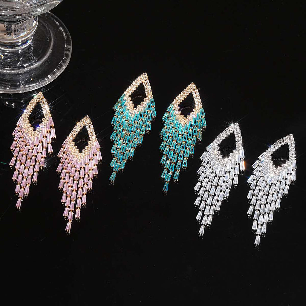 Luxury Teardrop Zircon Tassel Dangle Earrings Hypoallergenic Crystal Fringe Drop