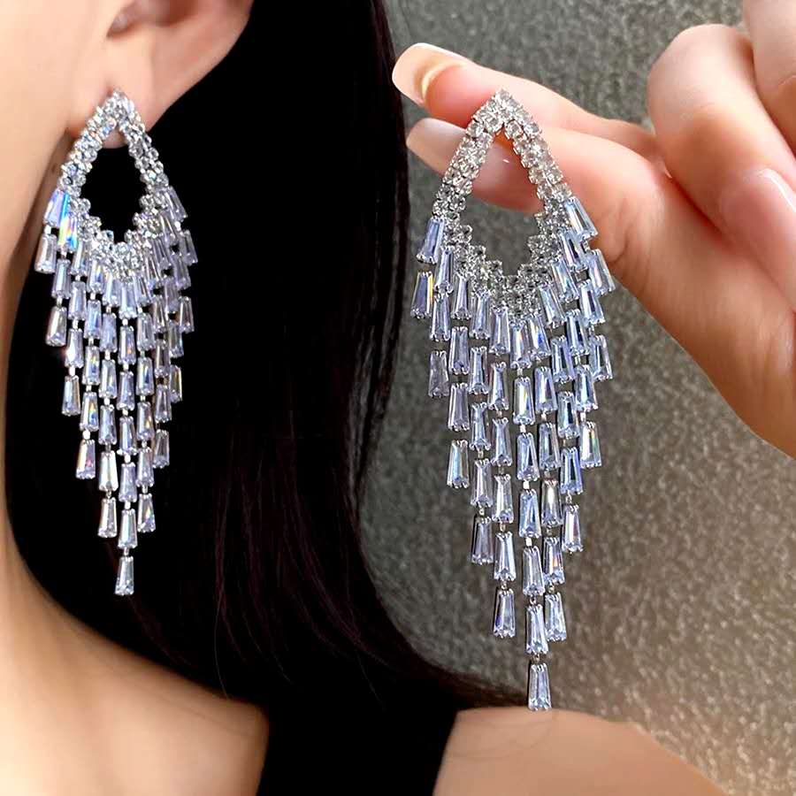 Luxury Teardrop Zircon Tassel Dangle Earrings Hypoallergenic Crystal Fringe Drop