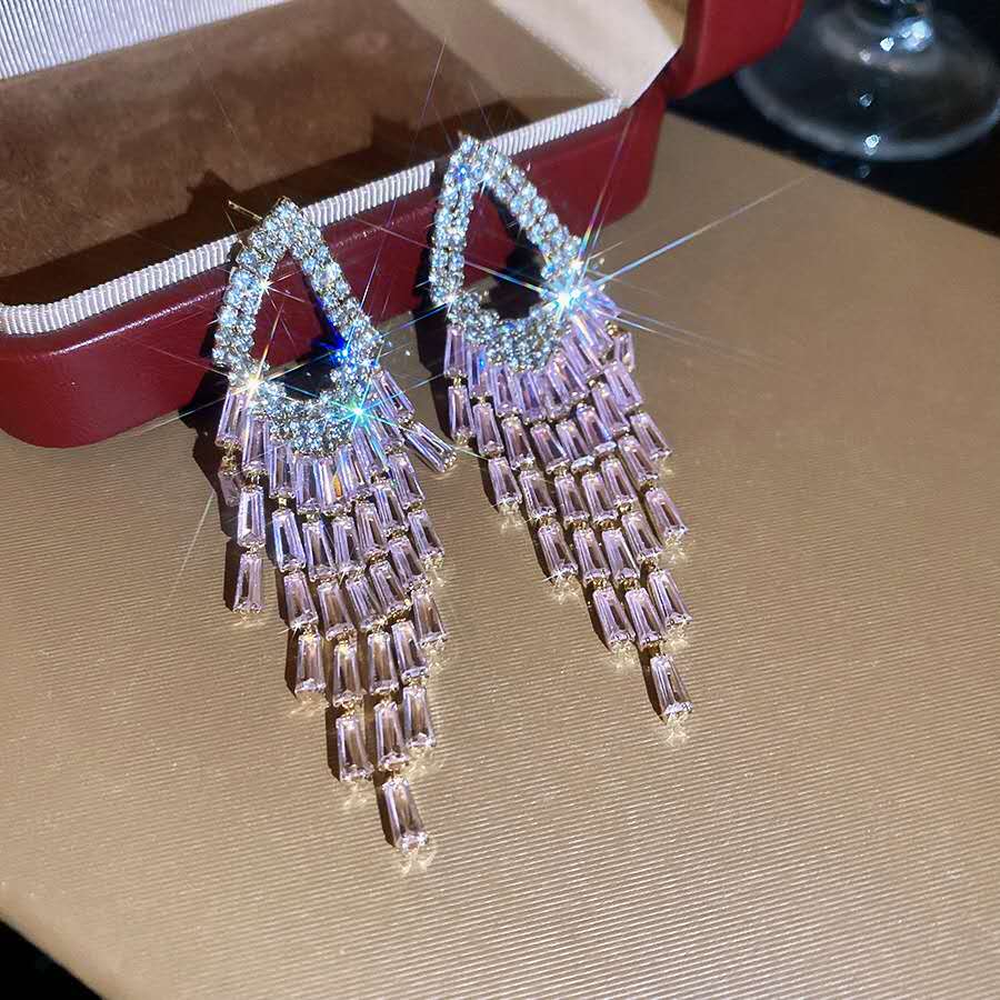 Luxury Teardrop Zircon Tassel Dangle Earrings Hypoallergenic Crystal Fringe Drop