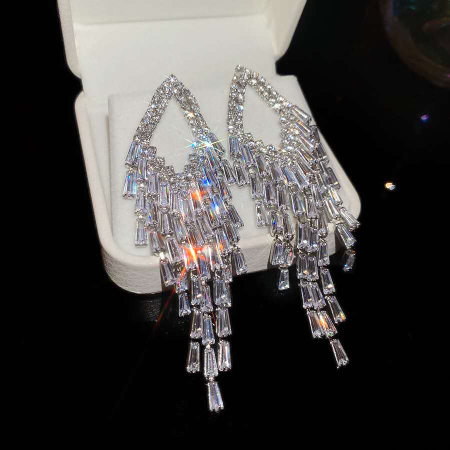 Luxury Teardrop Zircon Tassel Dangle Earrings Hypoallergenic Crystal Fringe Drop