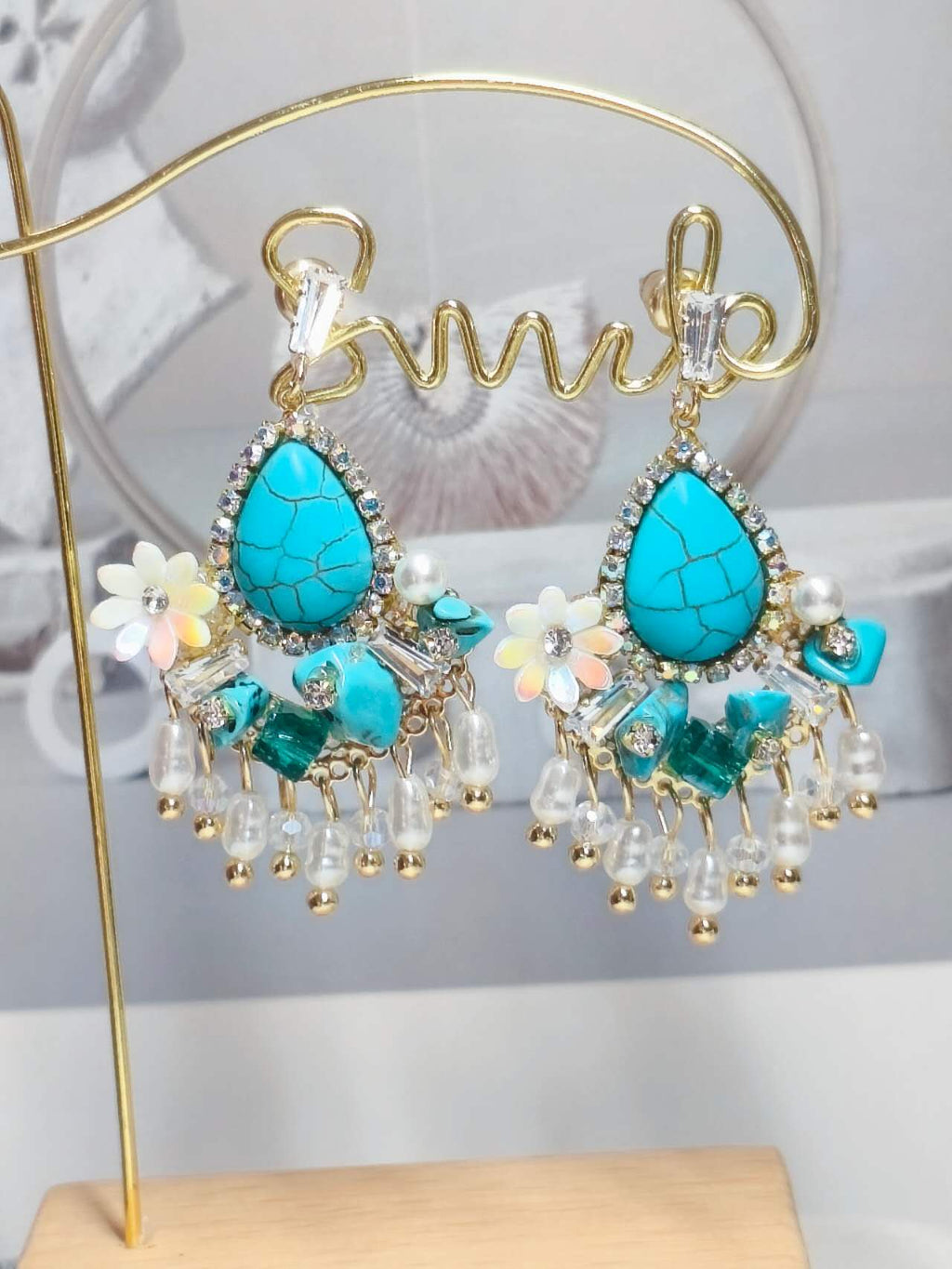 Natural Blue Turquoise Tassel Drop Earrings Anti-allergy Pearl Crystal Handmade Boho Dangle Ear Jewelry