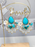 Natural Blue Turquoise Tassel Drop Earrings Anti-allergy Pearl Crystal Handmade Boho Dangle Ear Jewelry