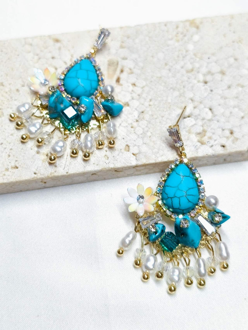 Natural Blue Turquoise Tassel Drop Earrings Anti-allergy Pearl Crystal Handmade Boho Dangle Ear Jewelry