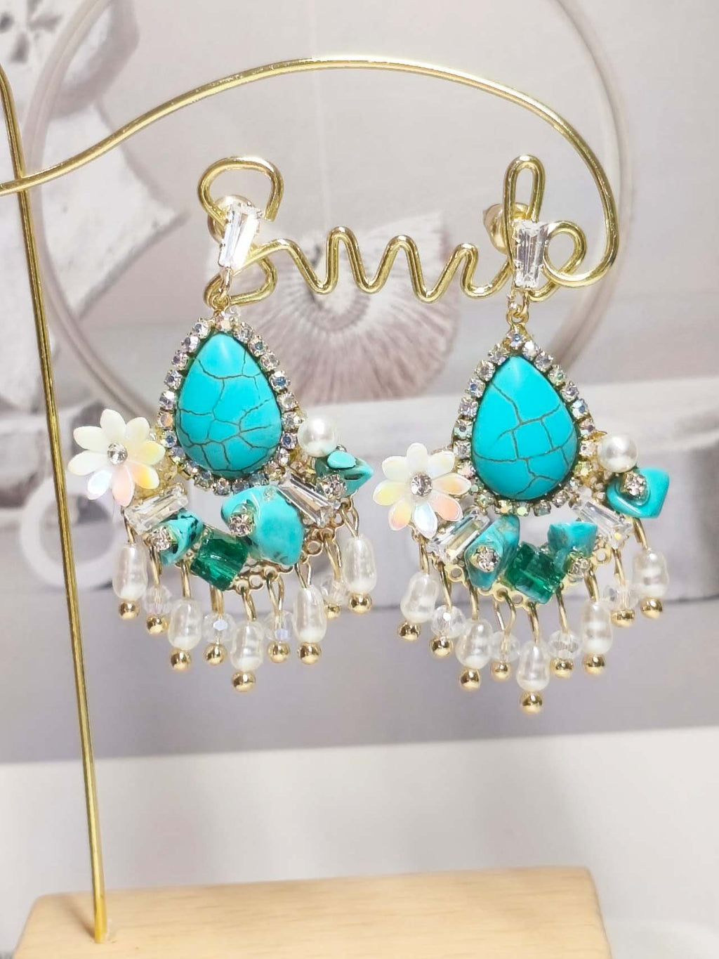 Natural Blue Turquoise Tassel Drop Earrings Anti-allergy Pearl Crystal Handmade Boho Dangle Ear Jewelry