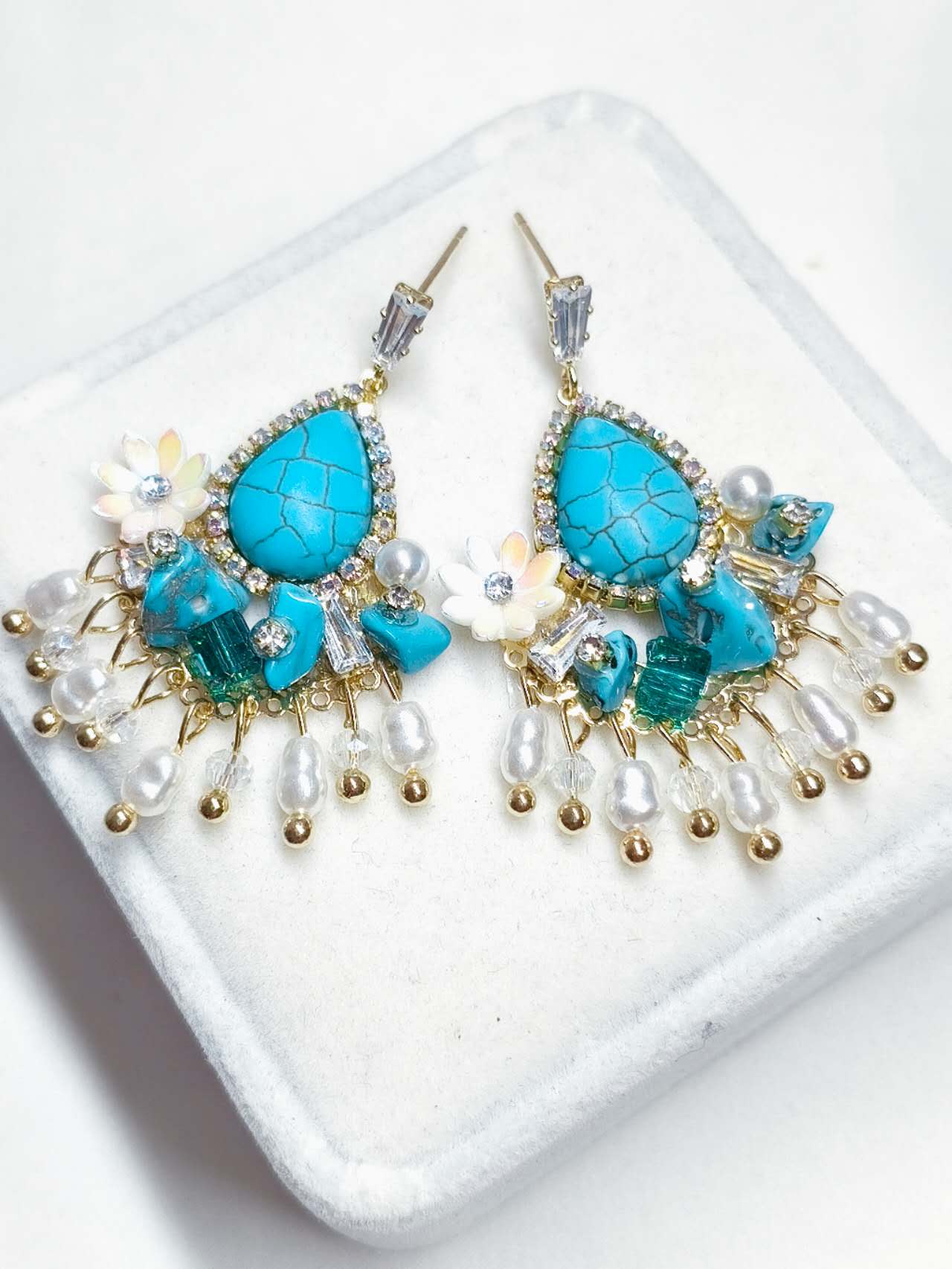 Natural Blue Turquoise Tassel Drop Earrings Anti-allergy Pearl Crystal Handmade Boho Dangle Ear Jewelry