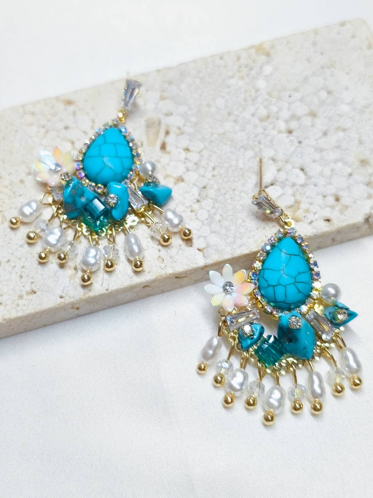 Natural Blue Turquoise Tassel Drop Earrings Anti-allergy Pearl Crystal Handmade Boho Dangle Ear Jewelry