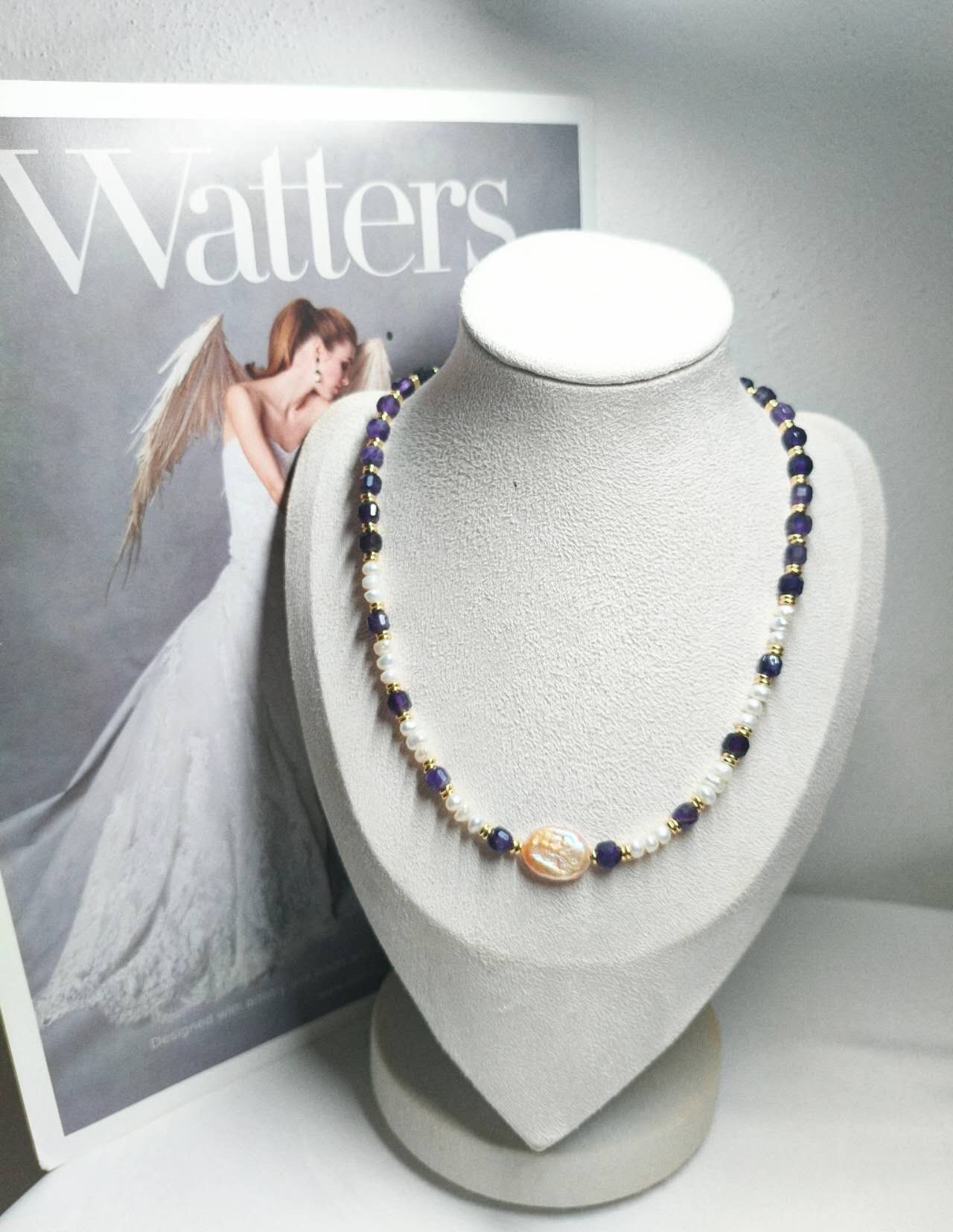 Handmade Natural Baroque Pearl & Faceted Amethyst Beaded Choker Necklace Freshwater Rice Pearl Boho Jewelry