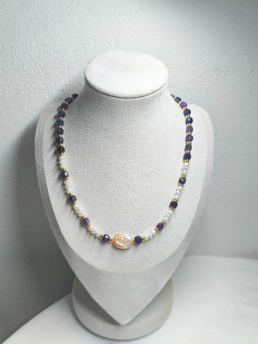 Handmade Natural Baroque Pearl & Faceted Amethyst Beaded Choker Necklace Freshwater Rice Pearl Boho Jewelry