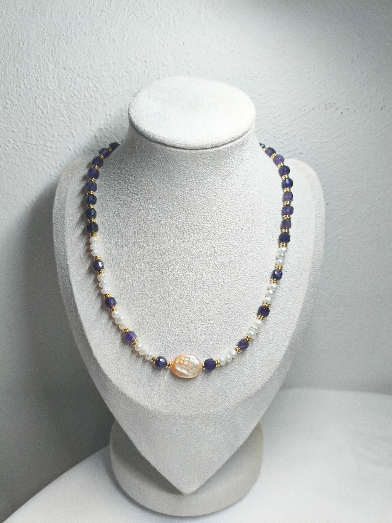 Handmade Natural Baroque Pearl & Faceted Amethyst Beaded Choker Necklace Freshwater Rice Pearl Boho Jewelry