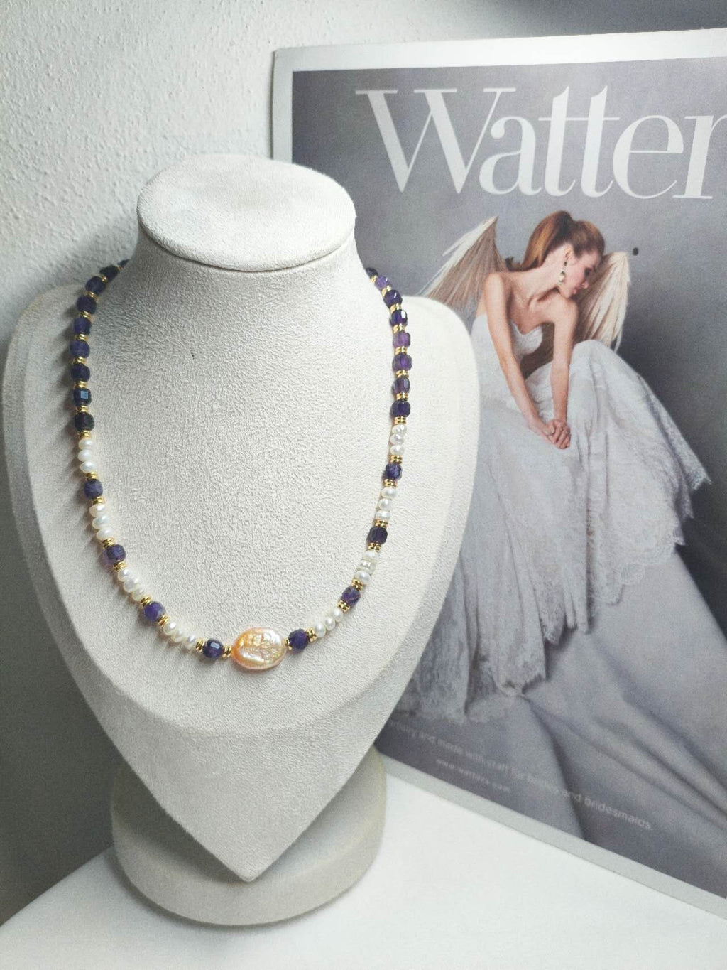 Handmade Natural Baroque Pearl & Faceted Amethyst Beaded Choker Necklace Freshwater Rice Pearl Boho Jewelry