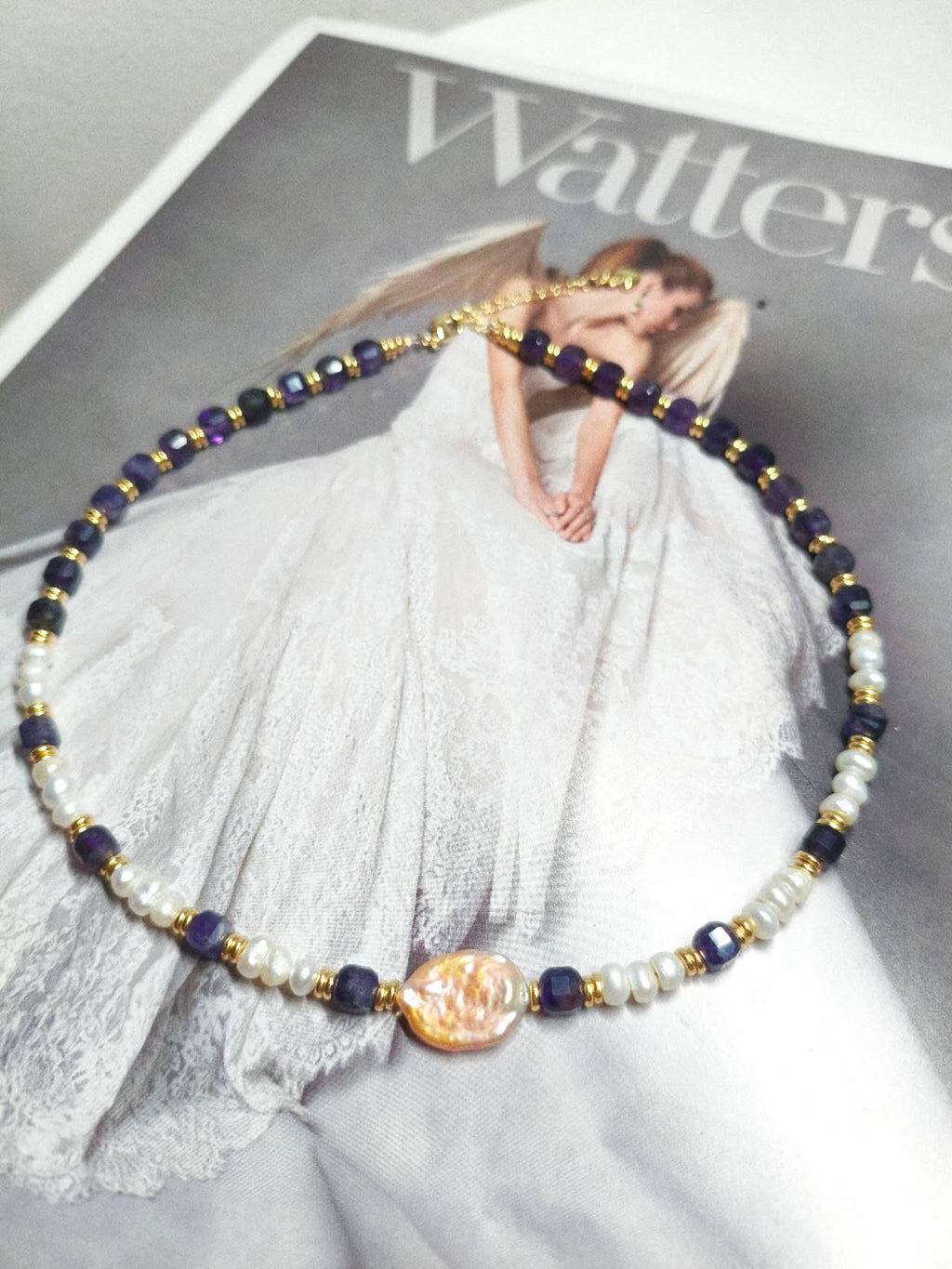 Handmade Natural Baroque Pearl & Faceted Amethyst Beaded Choker Necklace Freshwater Rice Pearl Boho Jewelry