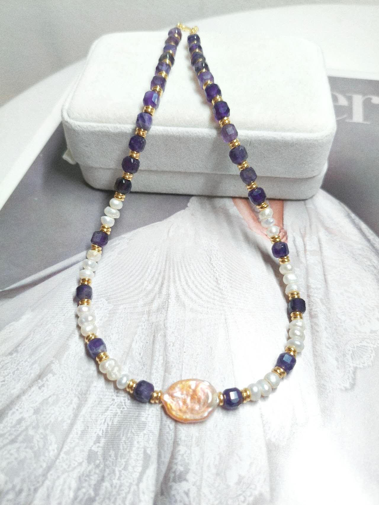 Handmade Natural Baroque Pearl & Faceted Amethyst Beaded Choker Necklace Freshwater Rice Pearl Boho Jewelry
