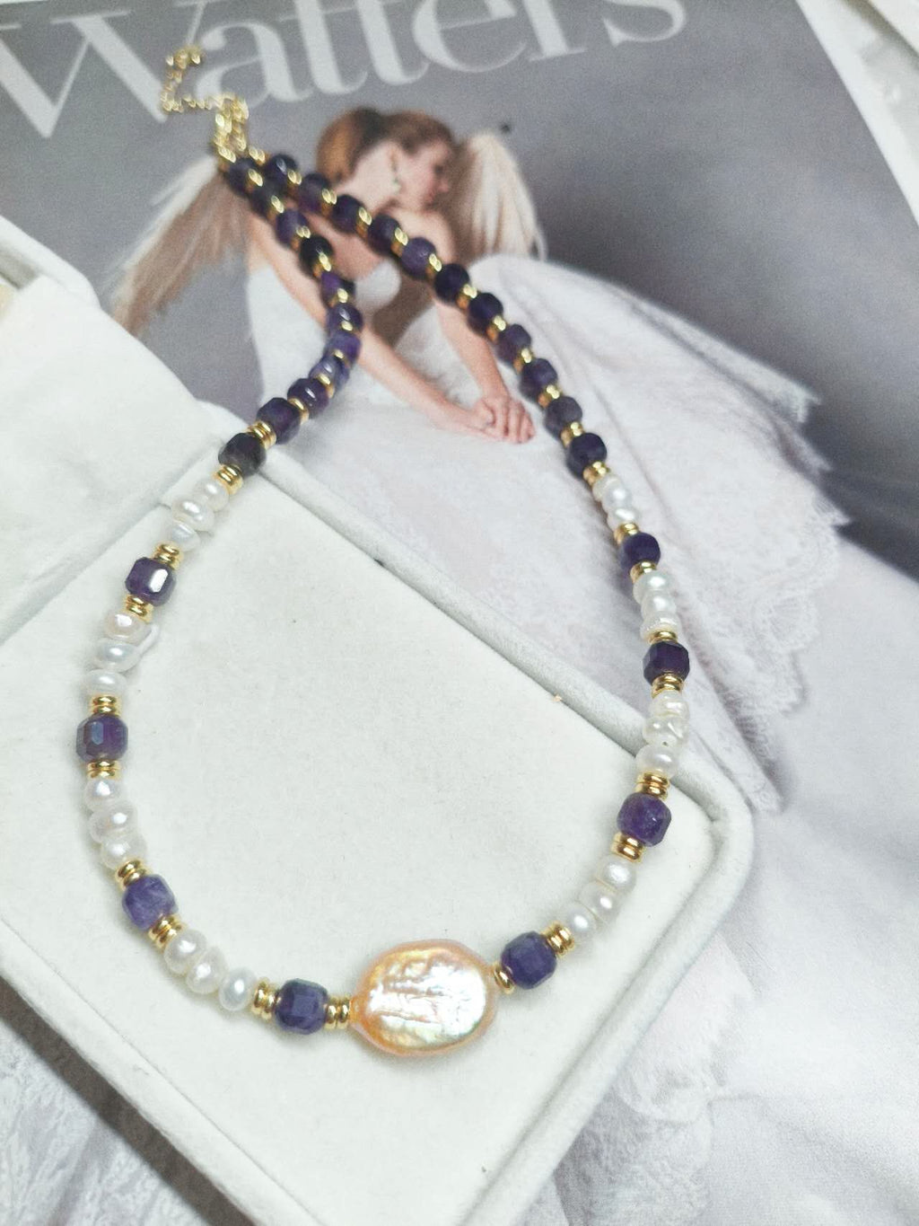 Handmade Natural Baroque Pearl & Faceted Amethyst Beaded Choker Necklace Freshwater Rice Pearl Boho Jewelry