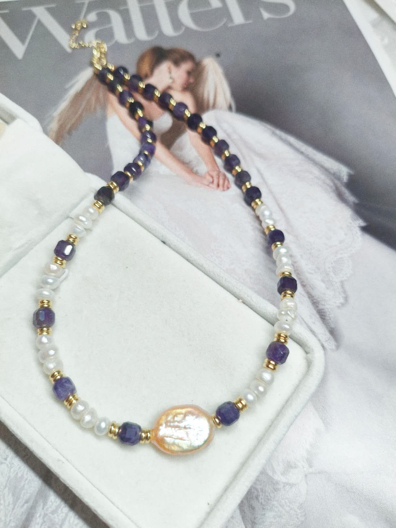 Handmade Natural Baroque Pearl & Faceted Amethyst Beaded Choker Necklace Freshwater Rice Pearl Boho Jewelry