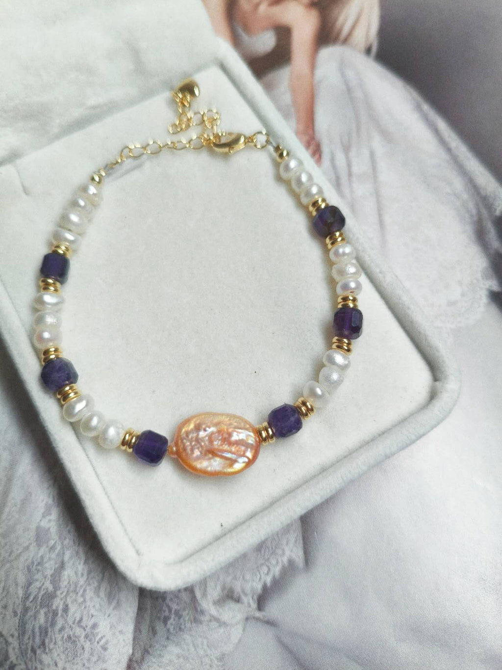 Handmade Natural Baroque Pearl Amethyst Beaded Bracelet Freshwater Rice Pearl Gold Spacer Boho