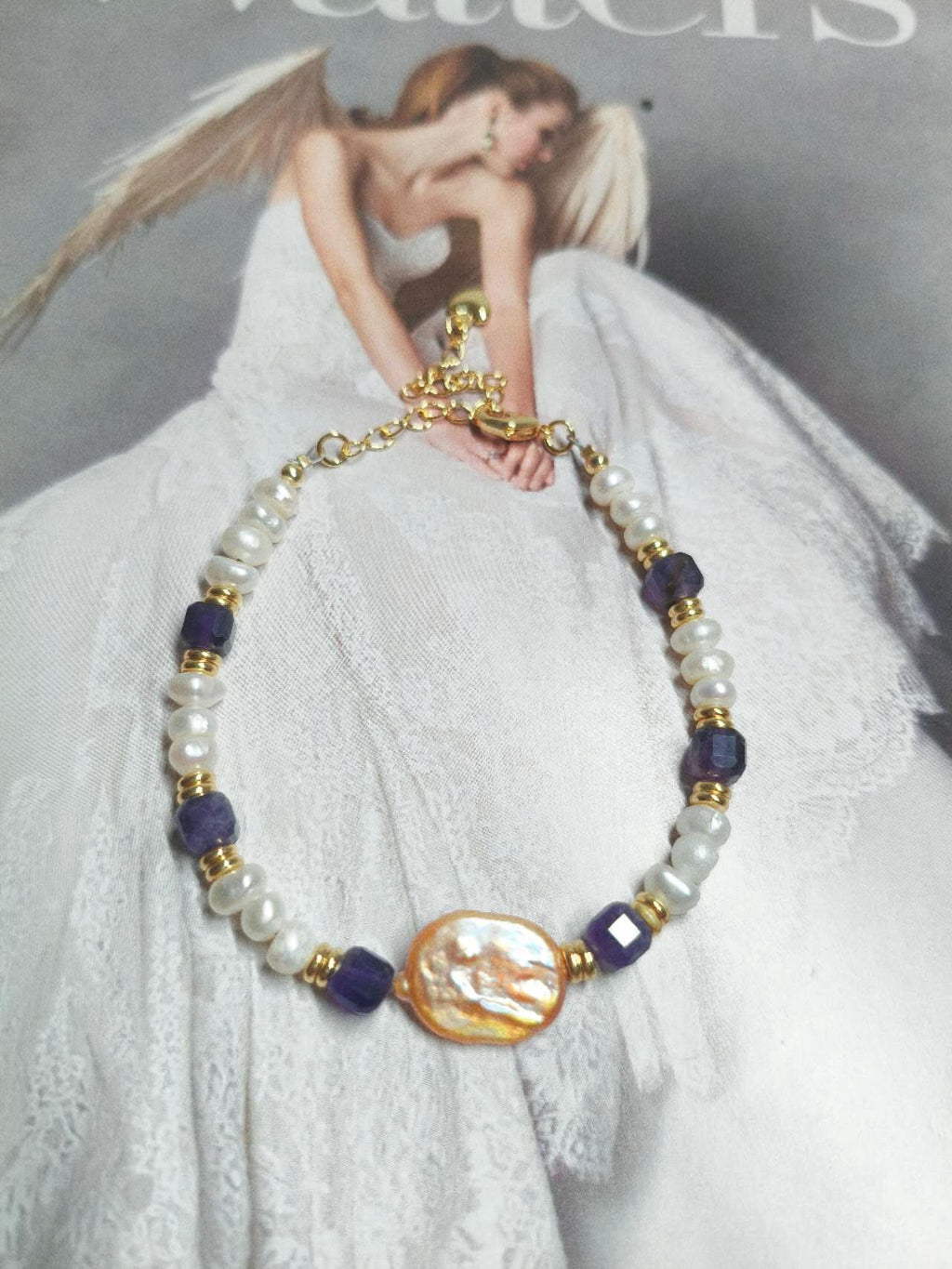 Handmade Natural Baroque Pearl Amethyst Beaded Bracelet Freshwater Rice Pearl Gold Spacer Boho