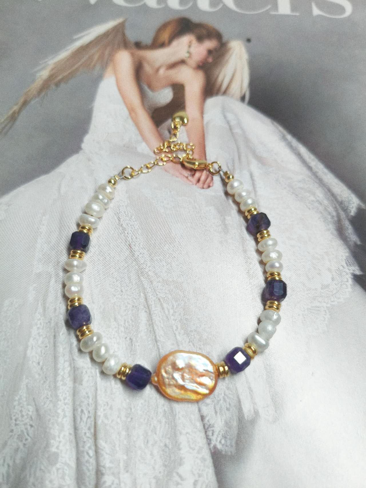 Handmade Natural Baroque Pearl Amethyst Beaded Bracelet Freshwater Rice Pearl Gold Spacer Boho