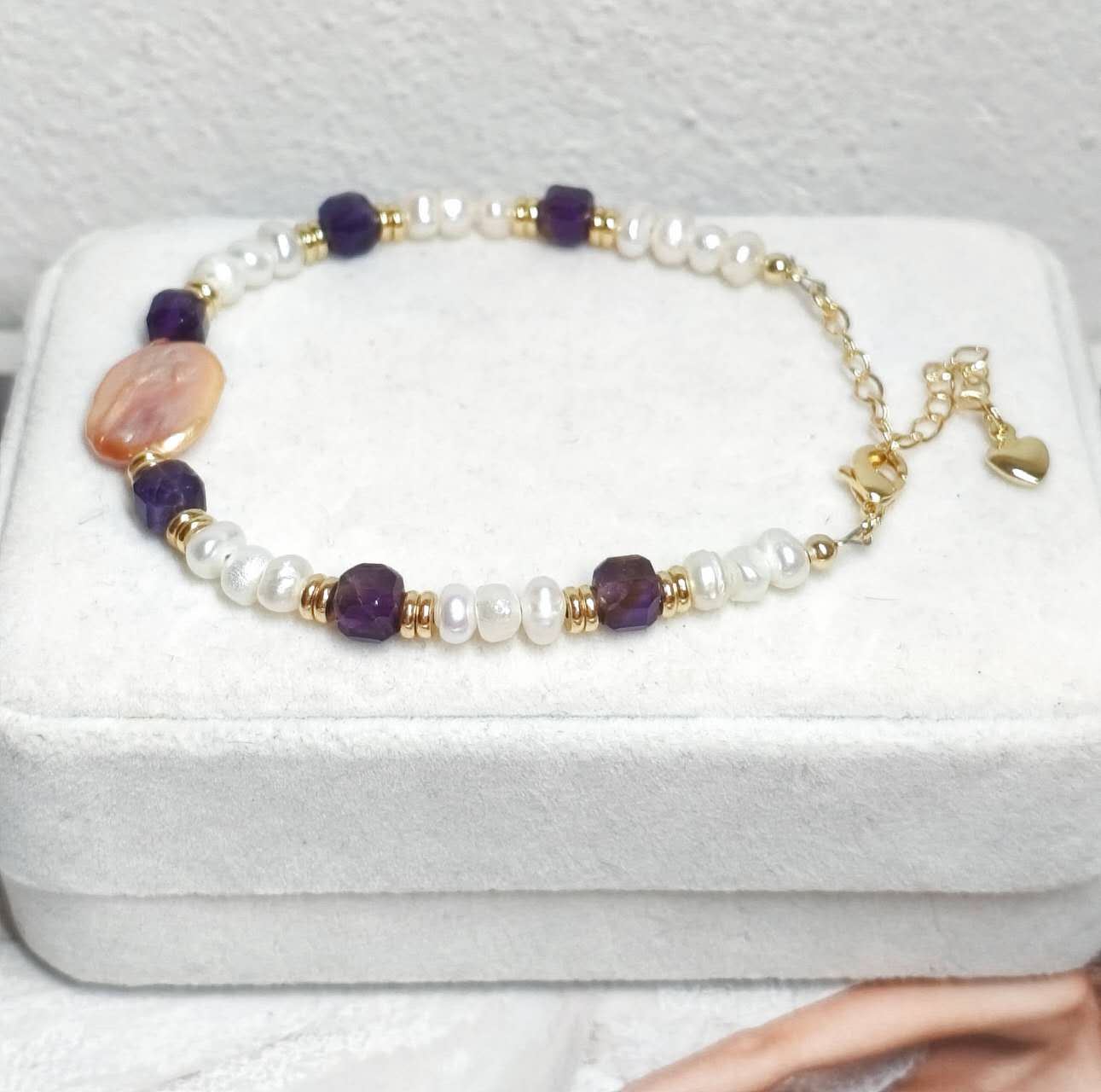 Handmade Natural Baroque Pearl Amethyst Beaded Bracelet Freshwater Rice Pearl Gold Spacer Boho