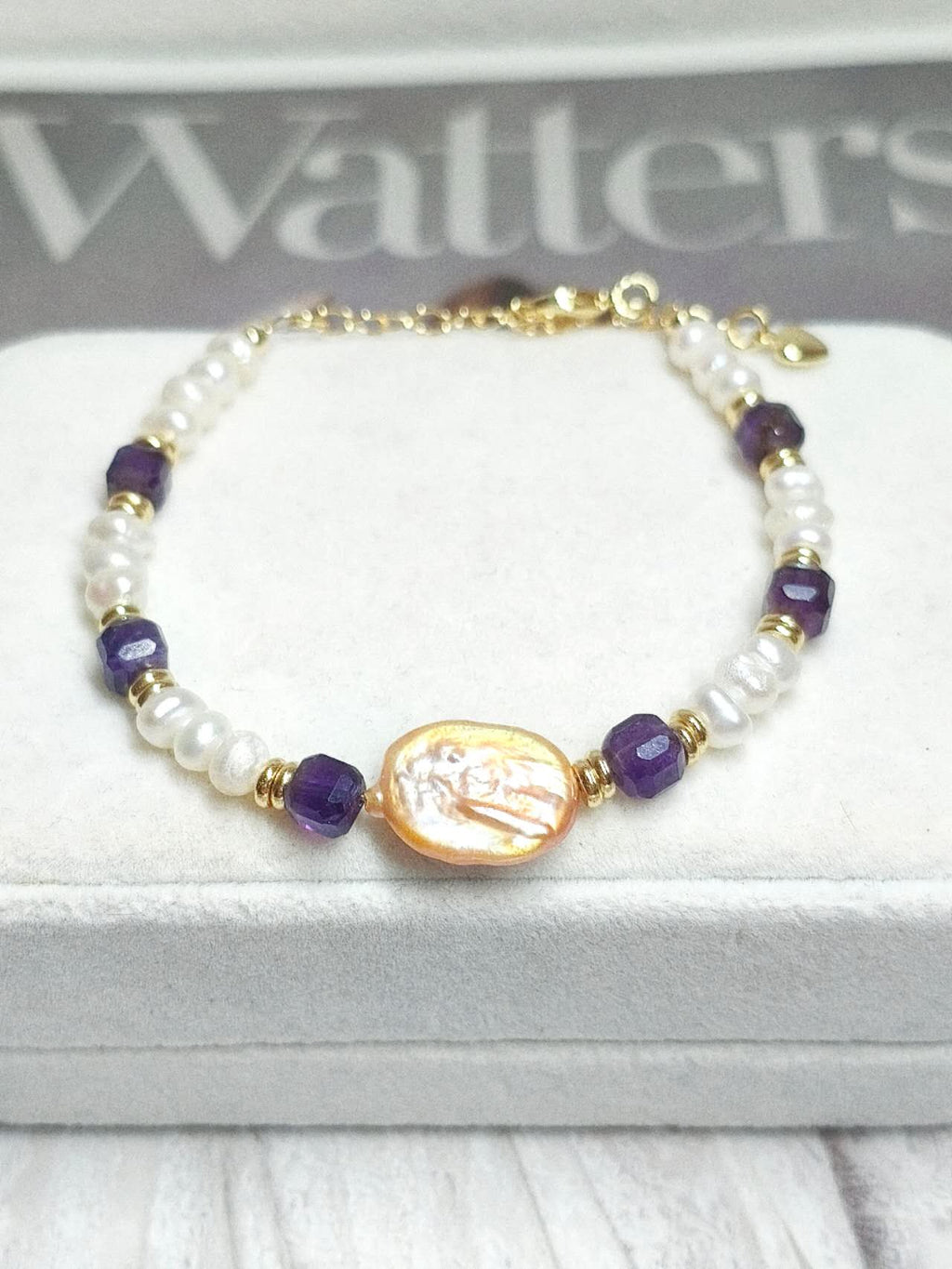 Handmade Natural Baroque Pearl Amethyst Beaded Bracelet Freshwater Rice Pearl Gold Spacer Boho