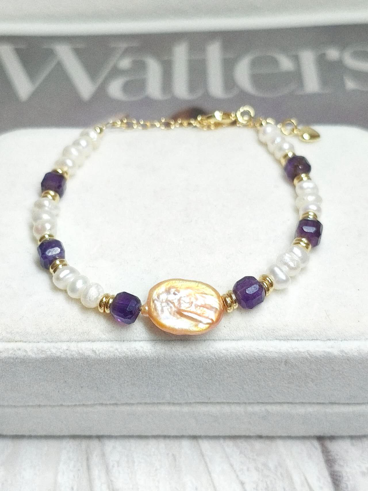 Handmade Natural Baroque Pearl Amethyst Beaded Bracelet Freshwater Rice Pearl Gold Spacer Boho