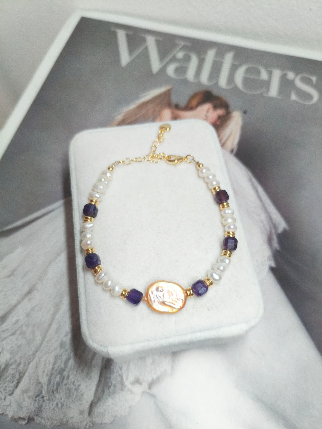 Handmade Natural Baroque Pearl Amethyst Beaded Bracelet Freshwater Rice Pearl Gold Spacer Boho