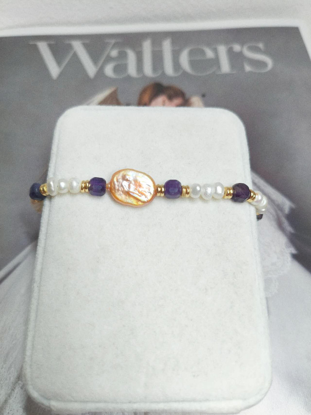 Handmade Natural Baroque Pearl Amethyst Beaded Bracelet Freshwater Rice Pearl Gold Spacer Boho