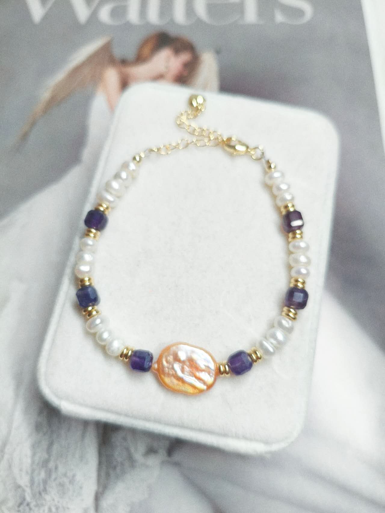 Handmade Natural Baroque Pearl Amethyst Beaded Bracelet Freshwater Rice Pearl Gold Spacer Boho