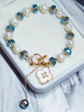 Four Leaf Clover Charm Bracelet Natural Freshwater Pearl Blue Faceted Crystal Beaded OT Clasp