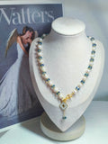 Lucky Four Leaf Clover Pendant Necklace Natural Freshwater Pearl AB Blue Faceted Crystal Beaded OT Clasp Choker