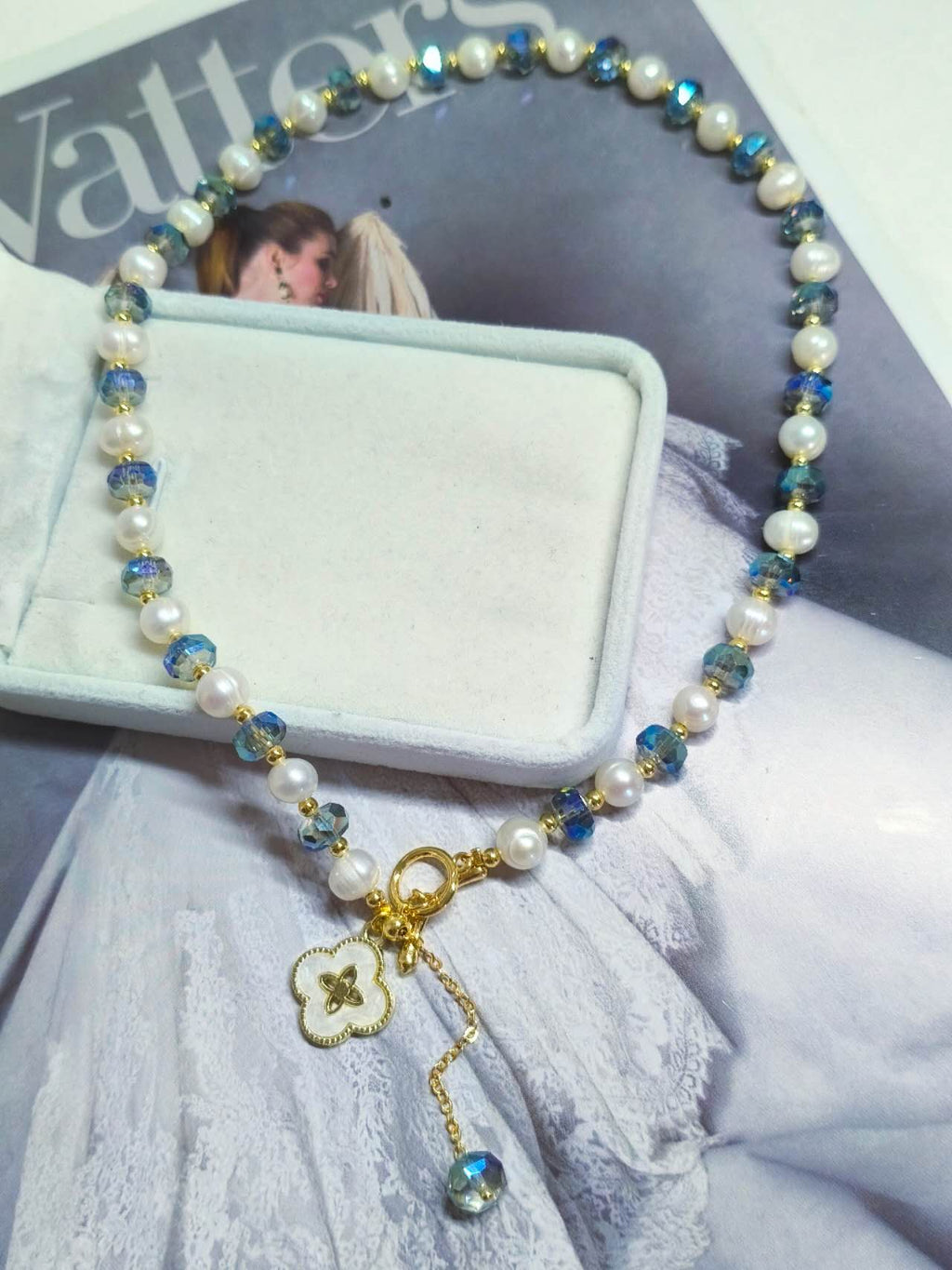 Lucky Four Leaf Clover Pendant Necklace Natural Freshwater Pearl AB Blue Faceted Crystal Beaded OT Clasp Choker