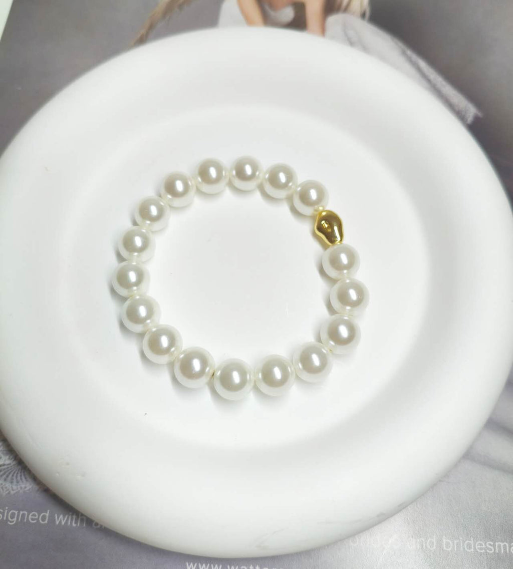 10mm Round Shell Pearl Beaded Bracelet Smooth Gloss Mother of Pearl Gold Clasp