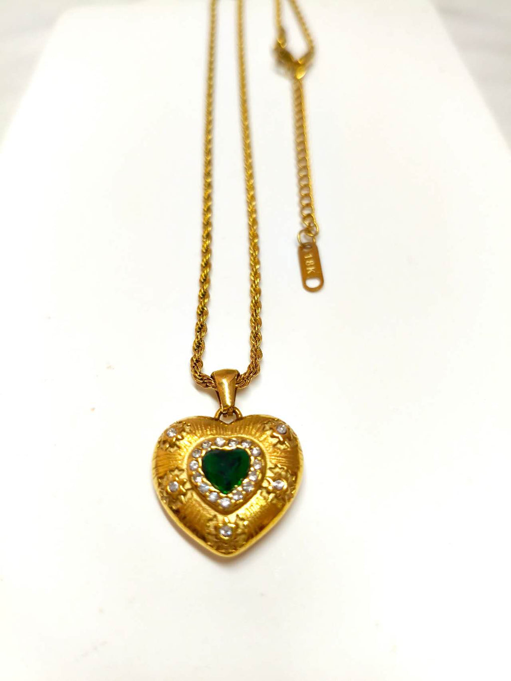 Vintage Heart Pendant Necklace Simulated Emerald CZ Halo Stainless Steel Twist Rope Chain